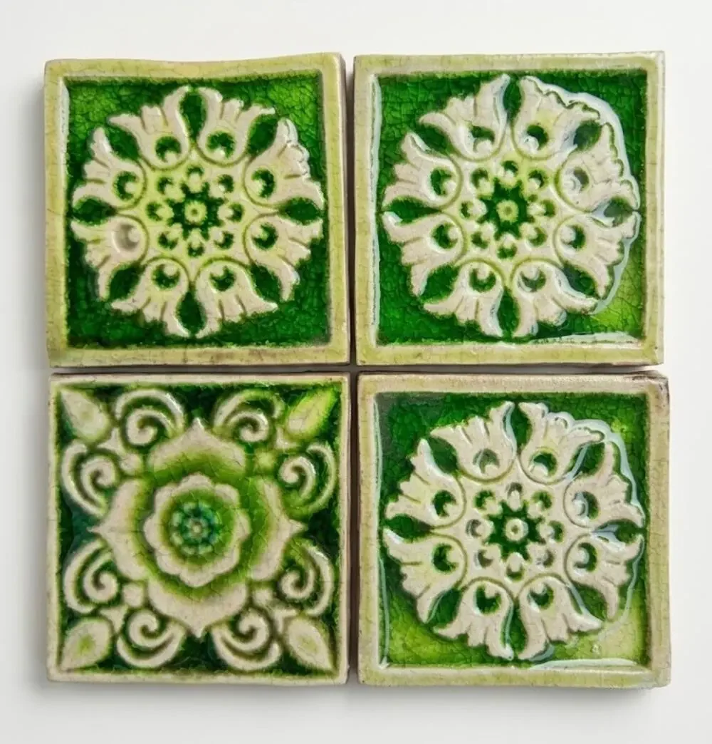 Vintage Handmade Emerald Green Raku Tiles 4x4 - Set of 4 - Relief Crackle Glaze